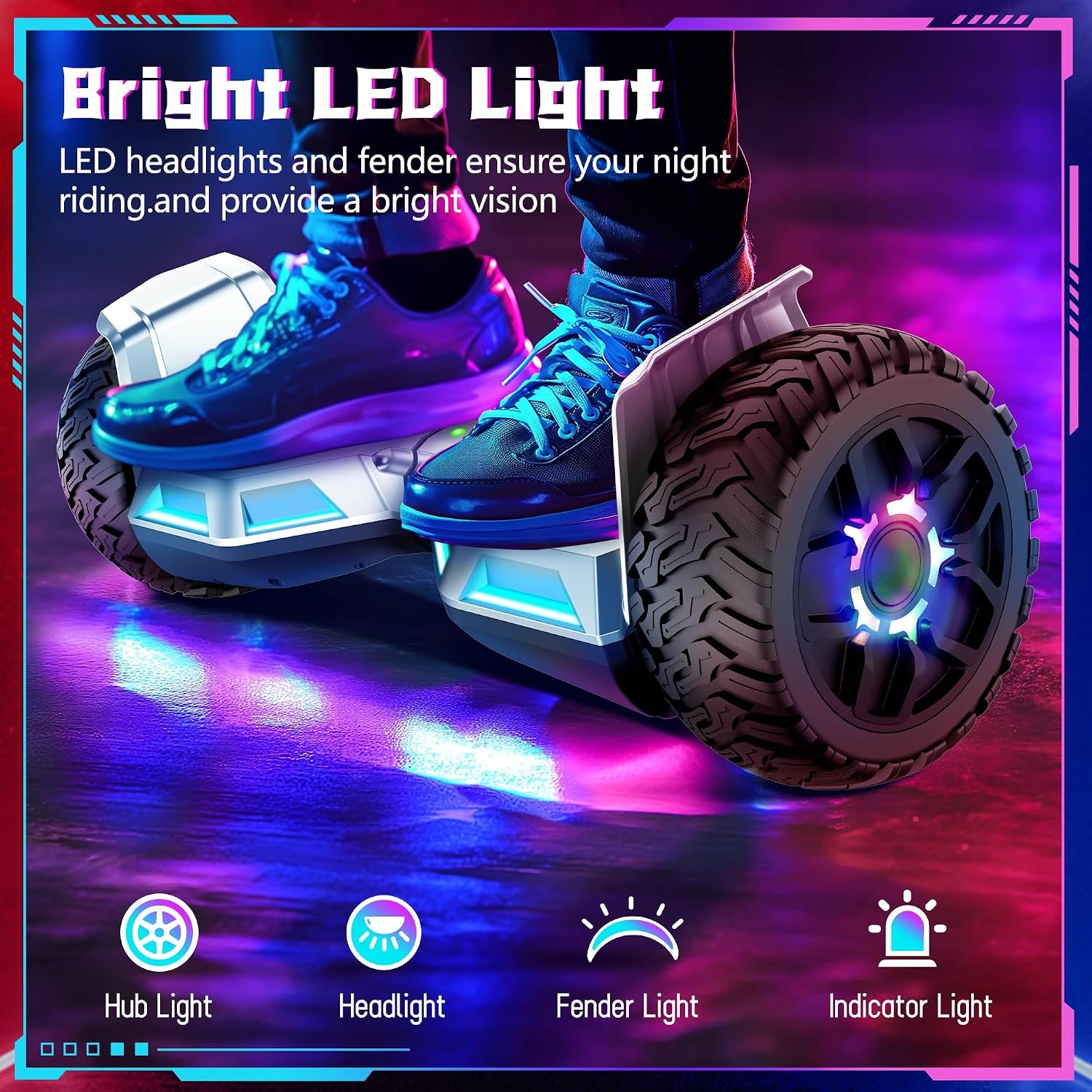 Hoverboard, 8,5 inch, all-terrain hoverboard, met bluetooth en ledlicht, sterke dubbele motor, geschikt voor volwassenen en kinderen, zilver