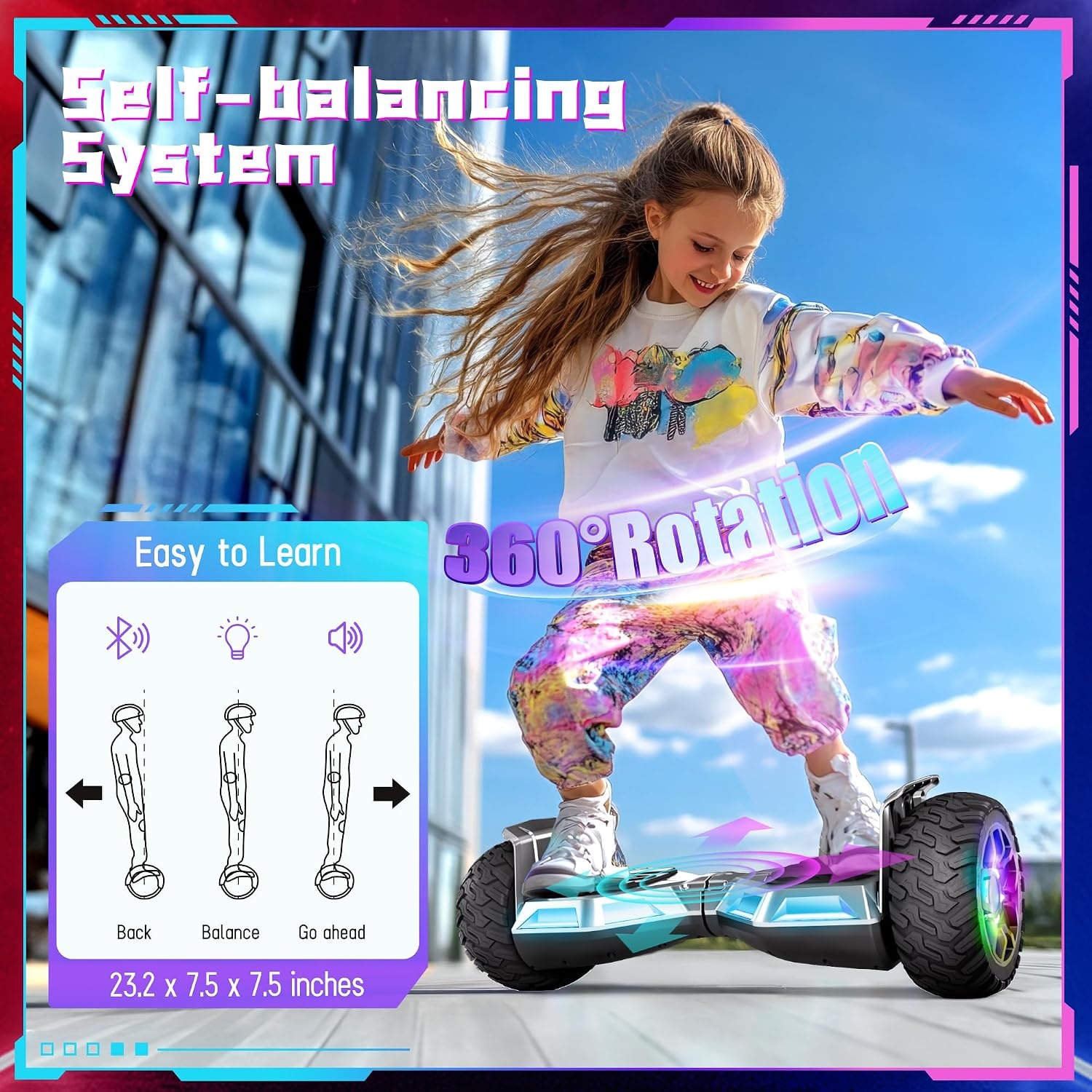 Hoverboard, 8,5 inch, all-terrain hoverboard, met bluetooth en ledlicht, sterke dubbele motor, geschikt voor volwassenen en kinderen, zilver