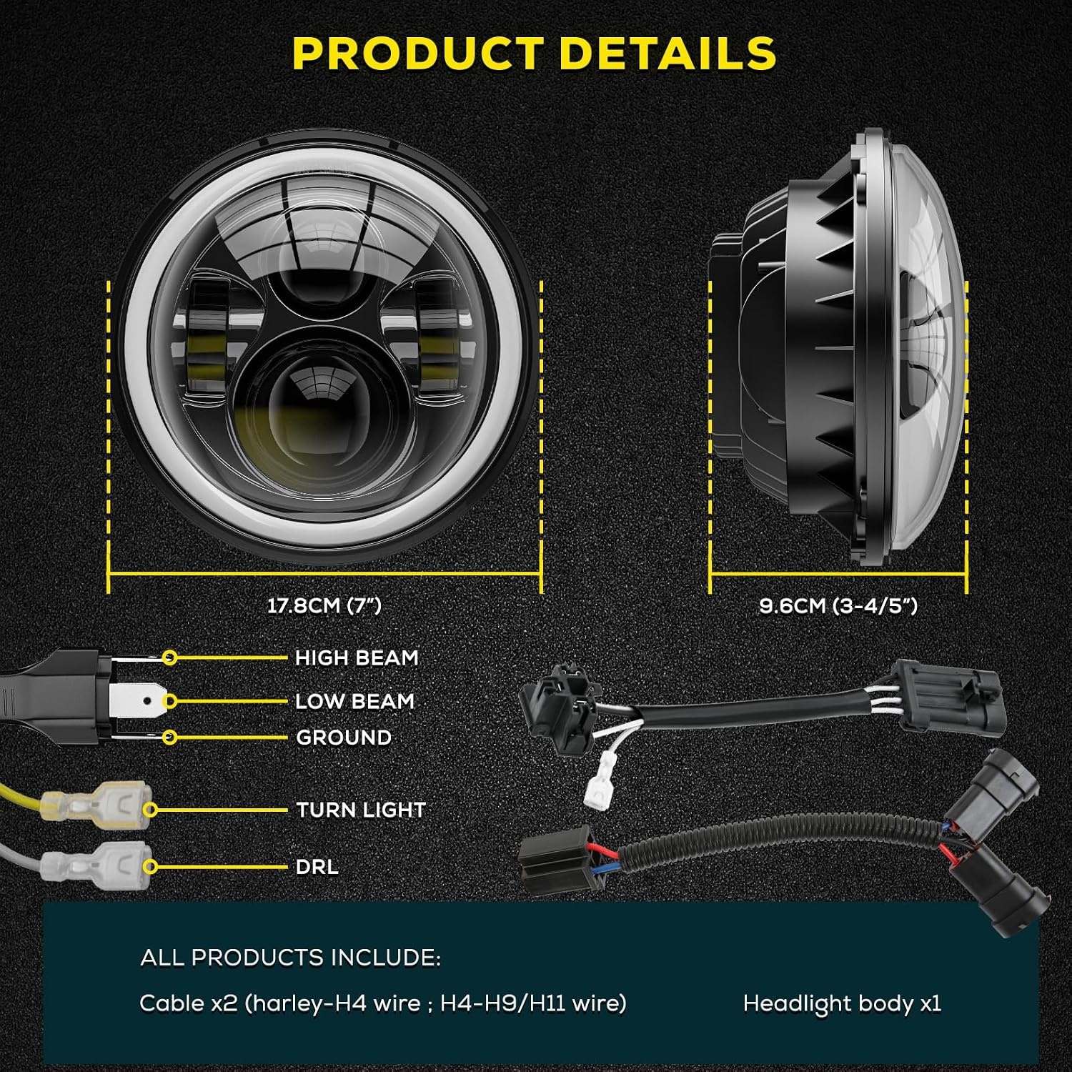 DREAMIZER 7 inch motorfiets led-koplamp met DRL wit Angel Eye indicator barnsteen compatibel met Harley Electra Glide, Softail 1984-2018, Street Glide 2006-2014, Wrangler JK TJ.