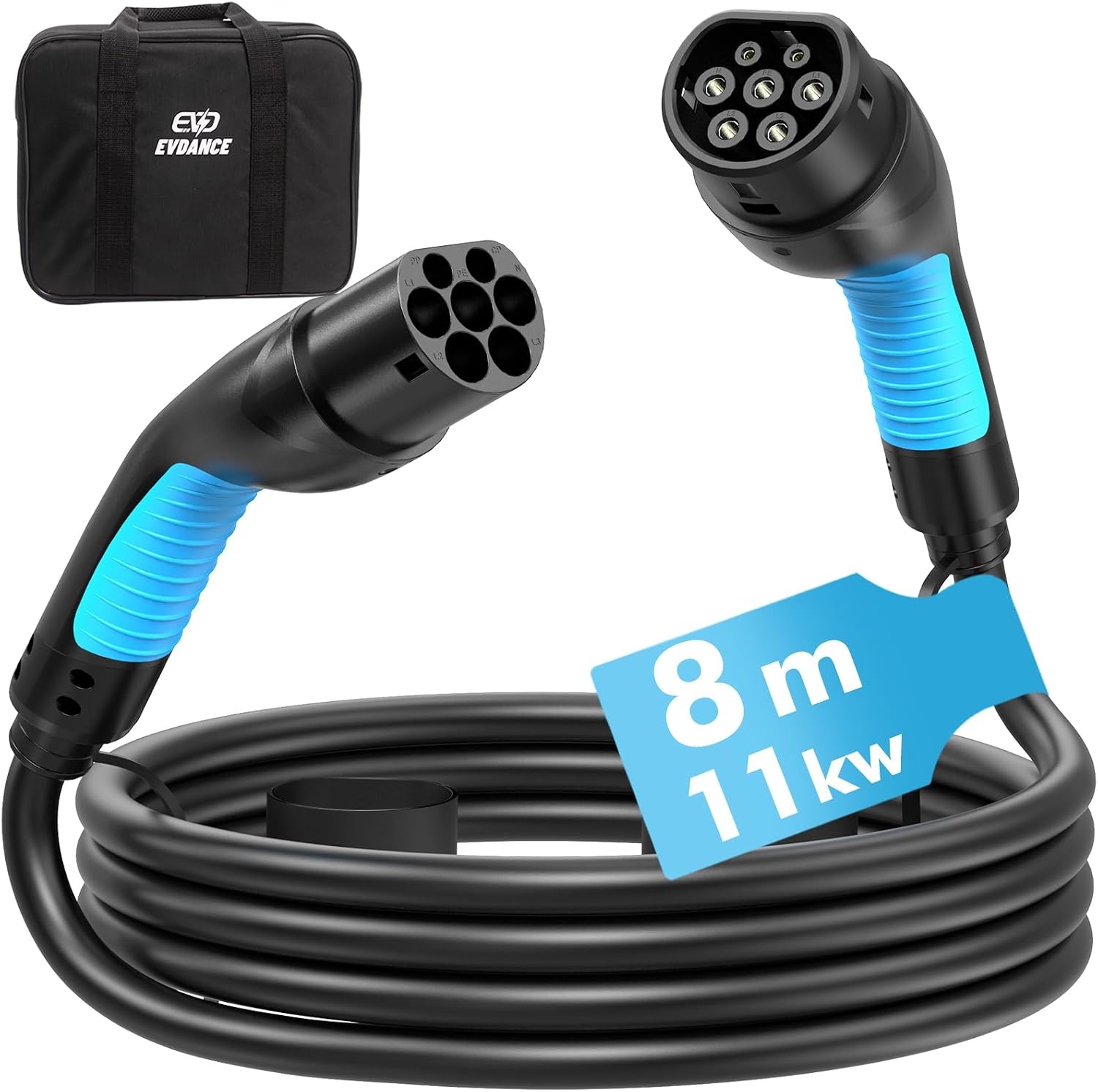 EVDANCE Type 2 oplaadkabel 11kW-8m 16A 3-fasig type 2 oplaadkabel 11kW met tas voor EV elektrische autolader type 2 voor E auto EV/PHEV-oplaadkabel E auto-oplaadkabel elektrische auto type 2