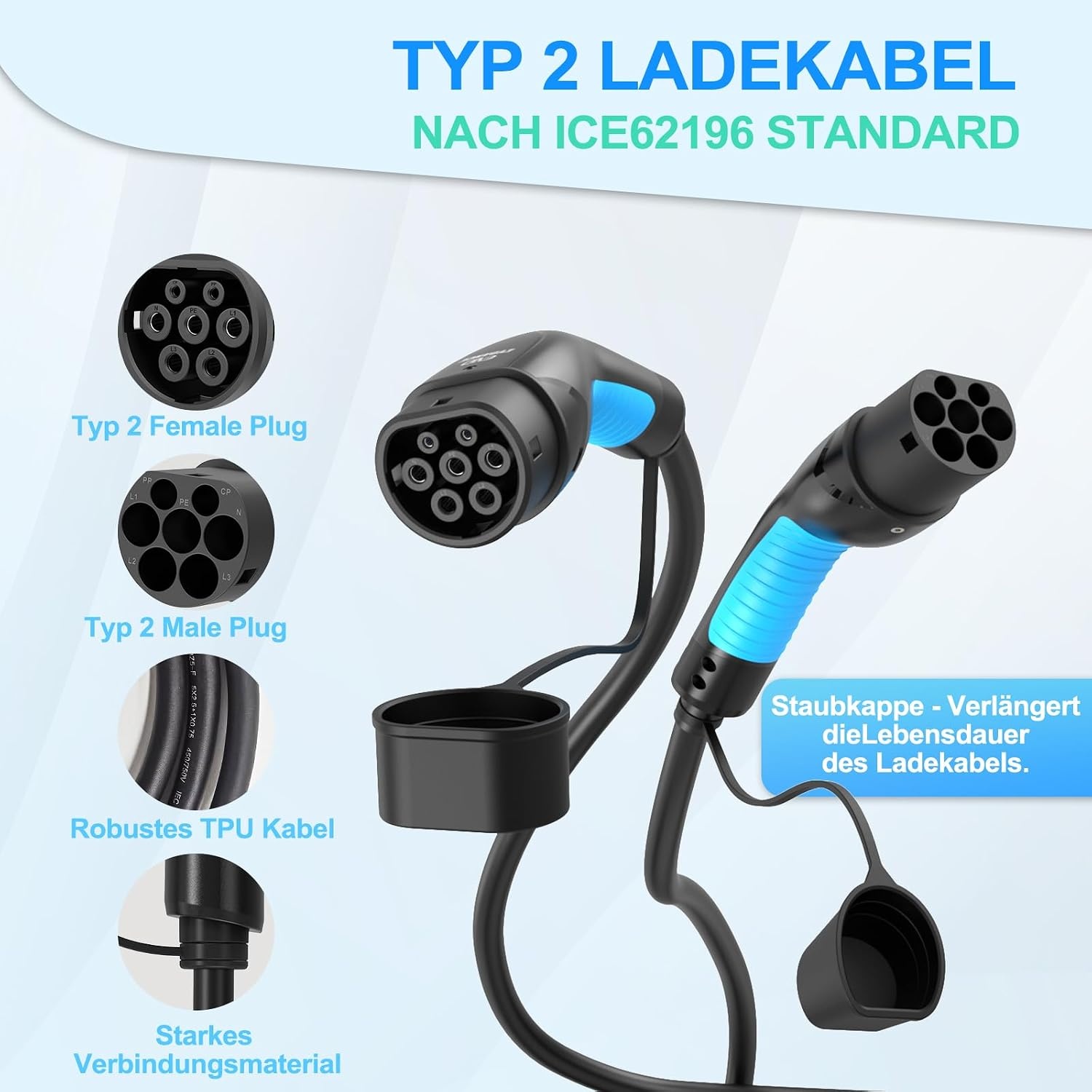 EVDANCE Type 2 oplaadkabel 11kW-8m 16A 3-fasig type 2 oplaadkabel 11kW met tas voor EV elektrische autolader type 2 voor E auto EV/PHEV-oplaadkabel E auto-oplaadkabel elektrische auto type 2