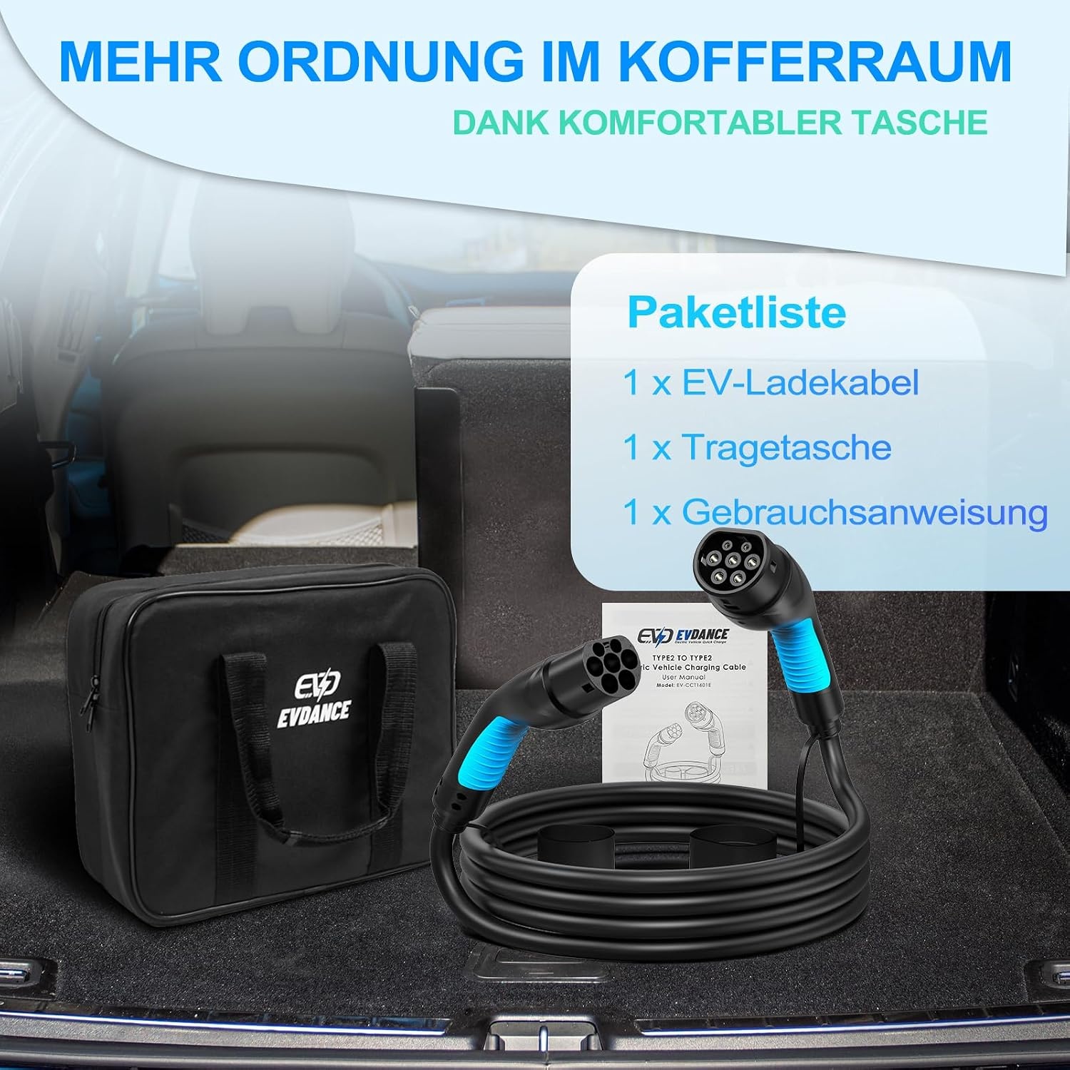 EVDANCE Type 2 oplaadkabel 11kW-8m 16A 3-fasig type 2 oplaadkabel 11kW met tas voor EV elektrische autolader type 2 voor E auto EV/PHEV-oplaadkabel E auto-oplaadkabel elektrische auto type 2