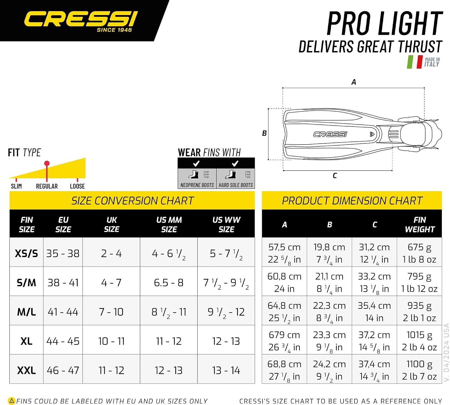 Cressi Lightweight Well-Balanced Open Heel Scuba Diving Fins - Pro Light: Made in Italy