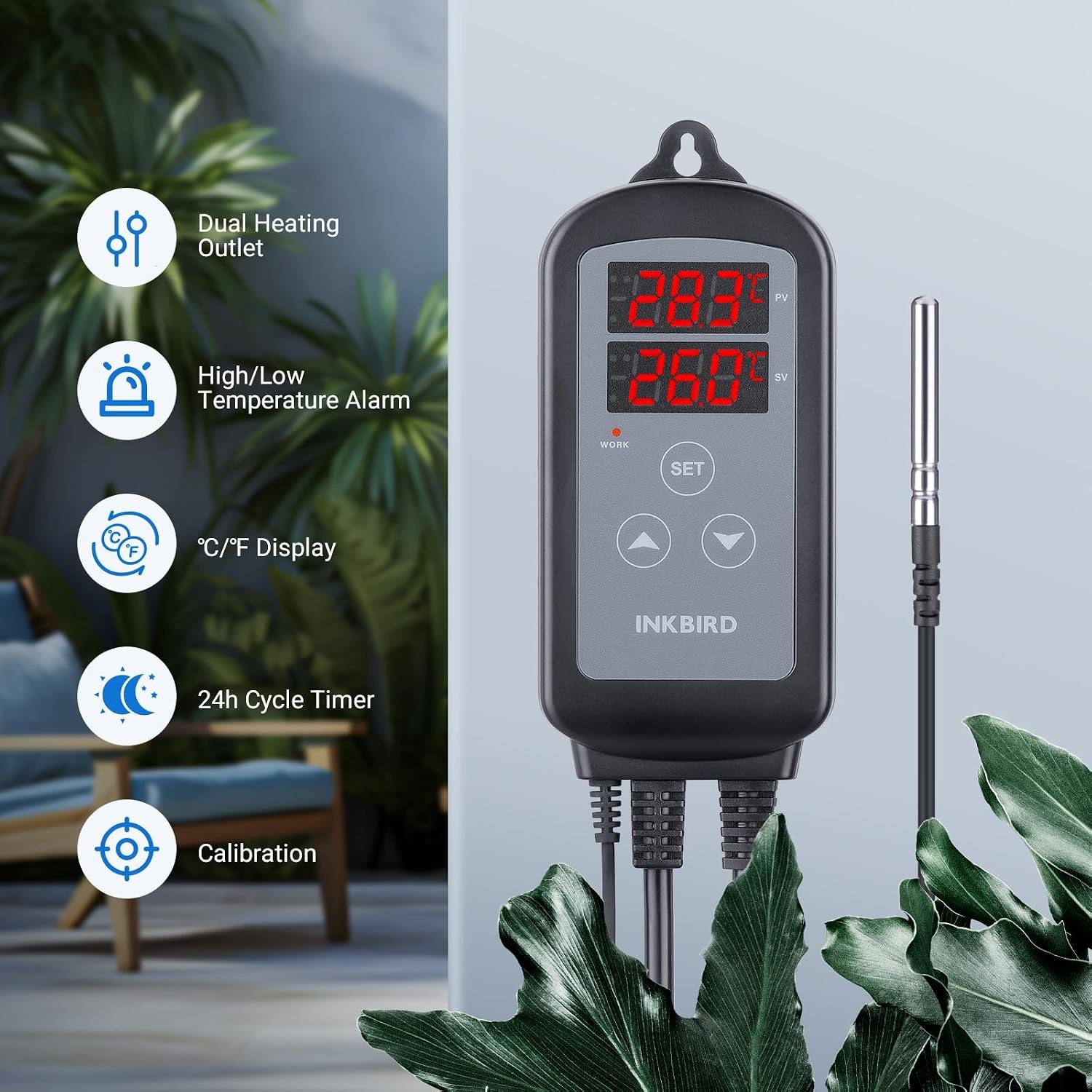 Inkbird ITC-2T Digitale Temperatuurregelaar met 2 Verwarmingsaansluitingen | Thermostaat met Dag Nachtcyclustimer, Alarmfunctie, voor Terrarium, Kas, Reptiel