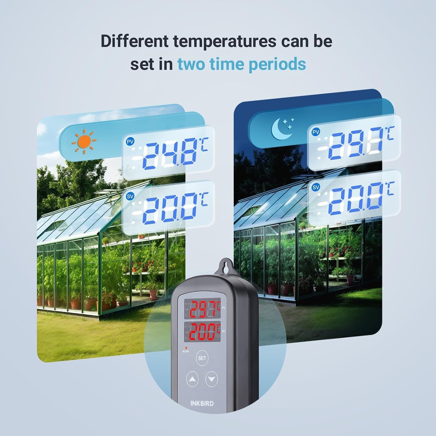 Inkbird ITC-2T Digitale Temperatuurregelaar met 2 Verwarmingsaansluitingen | Thermostaat met Dag Nachtcyclustimer, Alarmfunctie, voor Terrarium, Kas, Reptiel