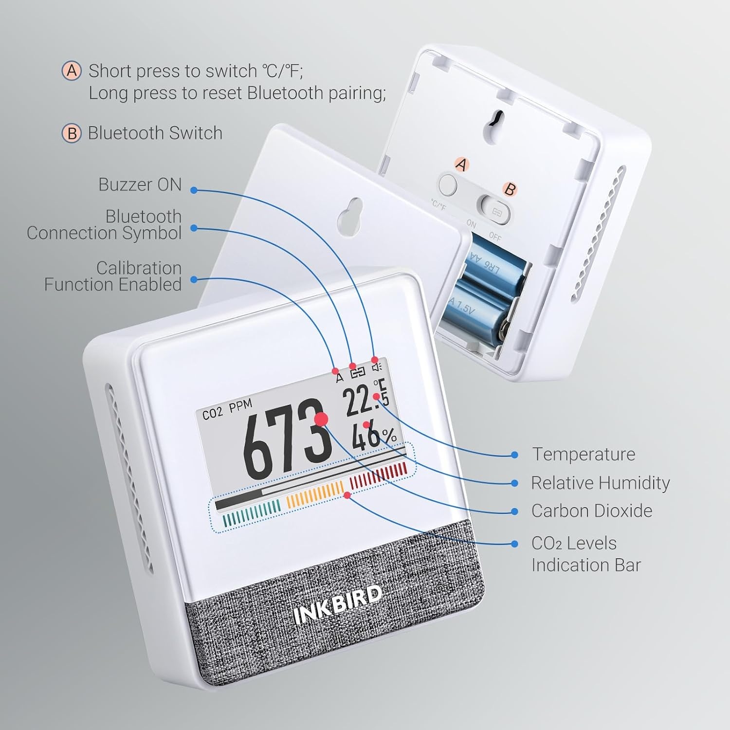 Inkbird Bluetooth CO2 Meter, IAM-T1 Luchtkwaliteitsmeter | Thermometer Hygrometer Luchtdruk met Elektronisch Inktscherm, App Monitor, 18 Maanden Batterijduur, voor Thuis, Op Kantoor