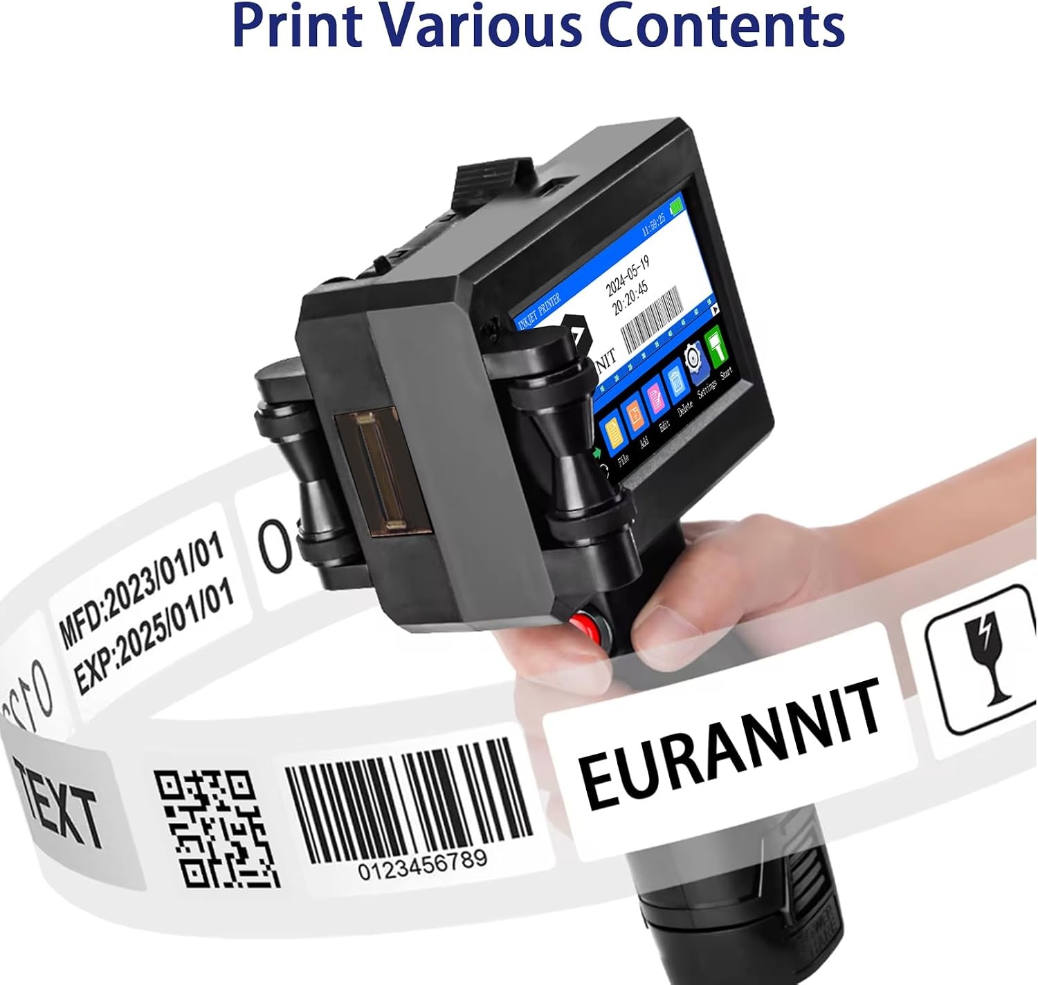 Handheld Inkjet Printer 25.4mm, E15-1 Draagbare Handheld Inkjet Printer Gun met ER521 Zwarte Inktcartridge, voor Tekst QR Barcode Batch Nummer Logo Datum Label