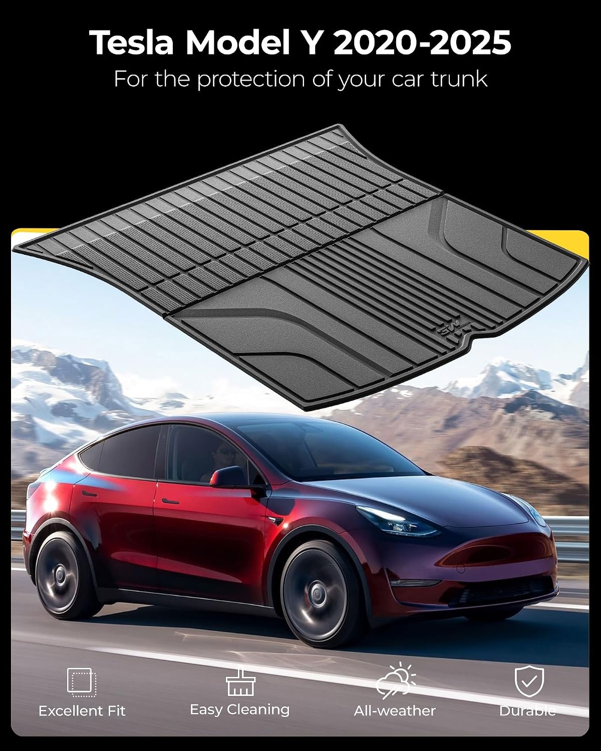 3W Boot Liner Custom Fit Tesla Model Y 2021-2024,Dog Friendly TPE All Weather Trunk Mat,Waterproof Anti-slip Easy to Clean Model Y Accessories