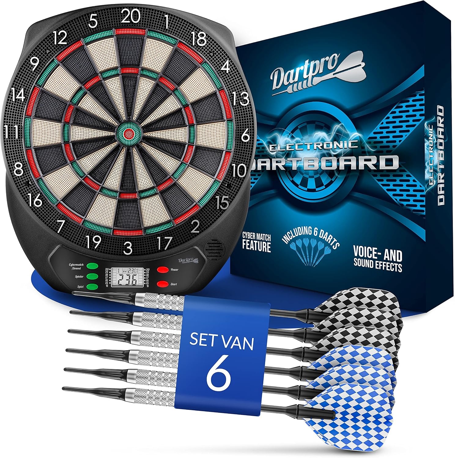 DartPro - Het originele elektronische dartbord - dartbord met 6 darts [draadloos te gebruiken] - Innovatief dartautomaat met 65 varianten - dartpijl voor 1 tot 8 spelers