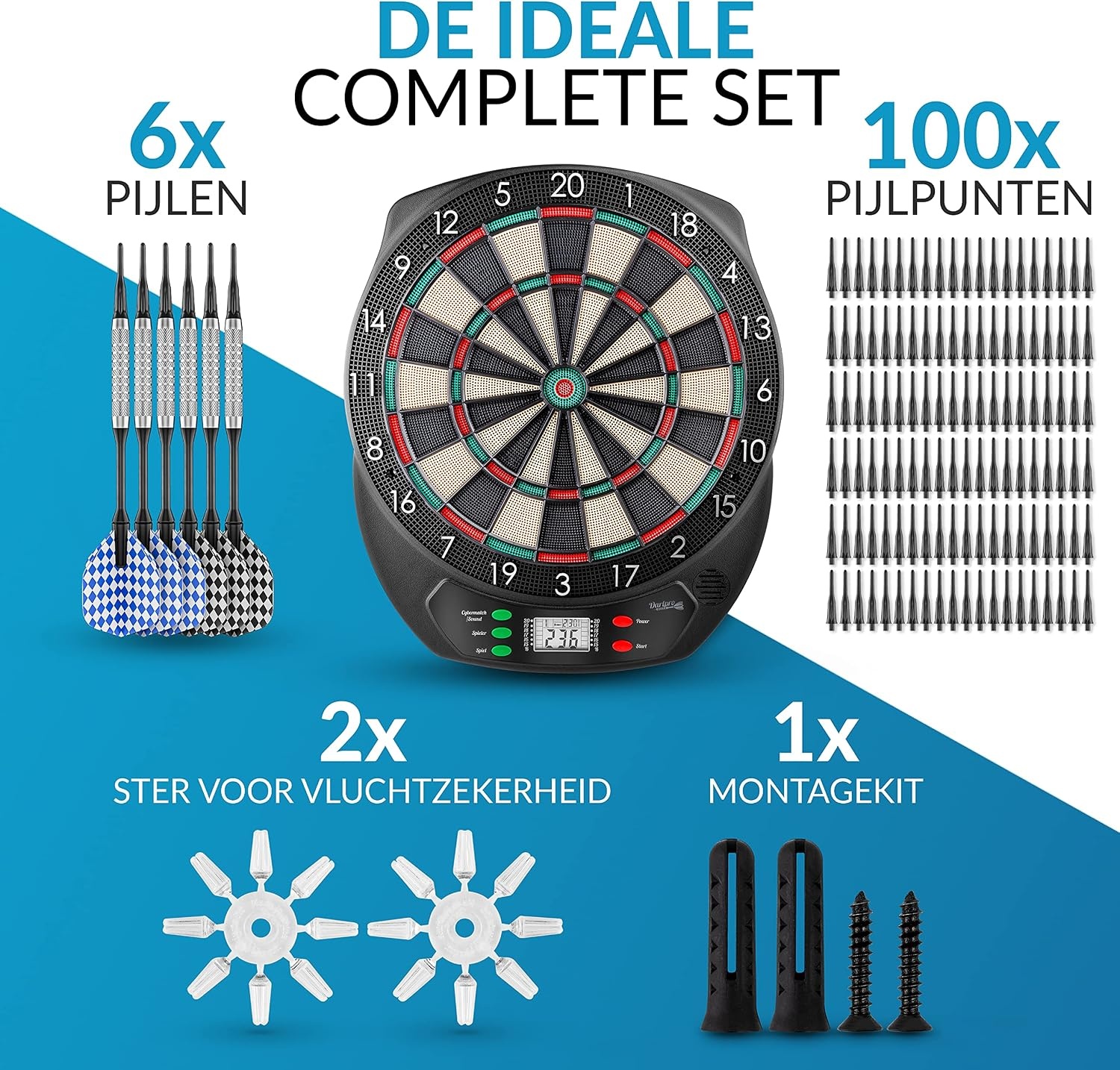 DartPro - Het originele elektronische dartbord - dartbord met 6 darts [draadloos te gebruiken] - Innovatief dartautomaat met 65 varianten - dartpijl voor 1 tot 8 spelers