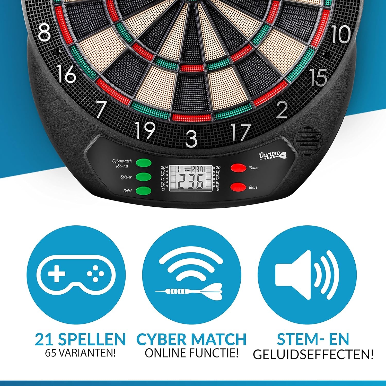 DartPro - Het originele elektronische dartbord - dartbord met 6 darts [draadloos te gebruiken] - Innovatief dartautomaat met 65 varianten - dartpijl voor 1 tot 8 spelers