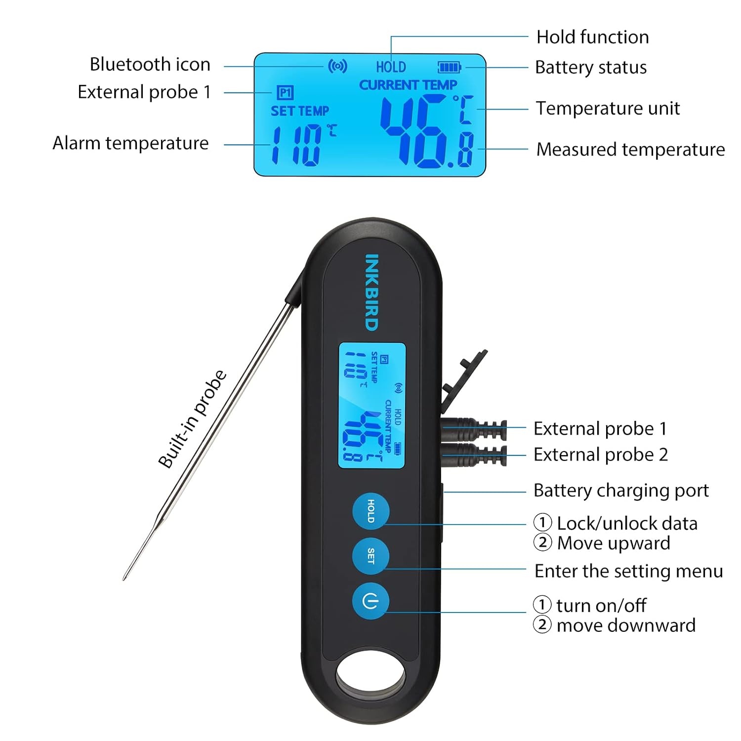 INKBIRD Bluetooth Digitale Vleesthermometer met Externe Probes,Onmiddellijke Uitlezing in 2 Seconden, Oplaadbare Voedselthermometer voor Grillen,BBQ en Koken
