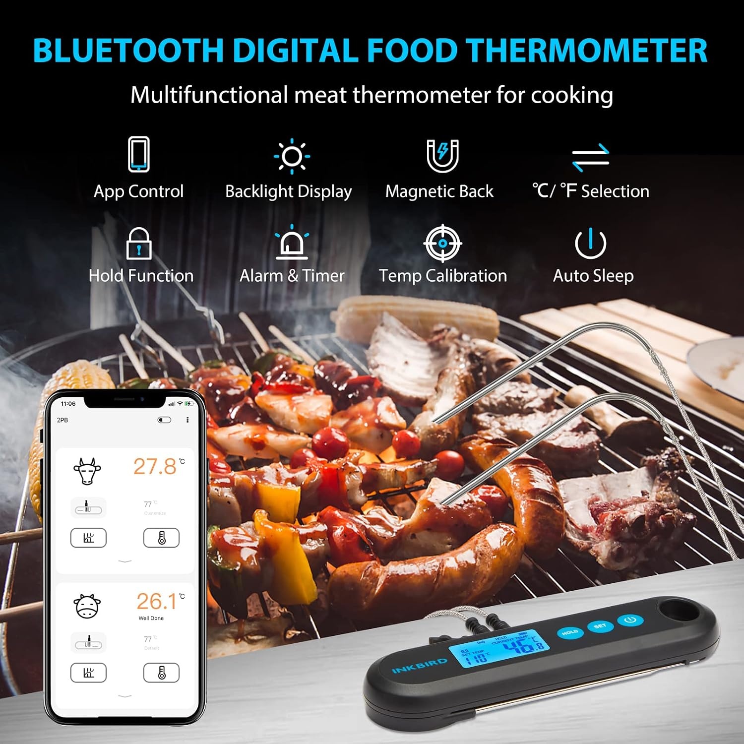 INKBIRD Bluetooth Digitale Vleesthermometer met Externe Probes,Onmiddellijke Uitlezing in 2 Seconden, Oplaadbare Voedselthermometer voor Grillen,BBQ en Koken