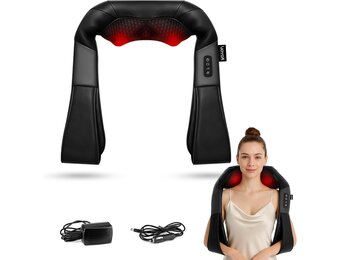 Nek- en Schoudermassageapparaat Shiatsu met warmte, 4D Deep Tissue Kneedmassage, 3 snelheden, bi-directionele rotatie, voor thuis, auto & kantoor