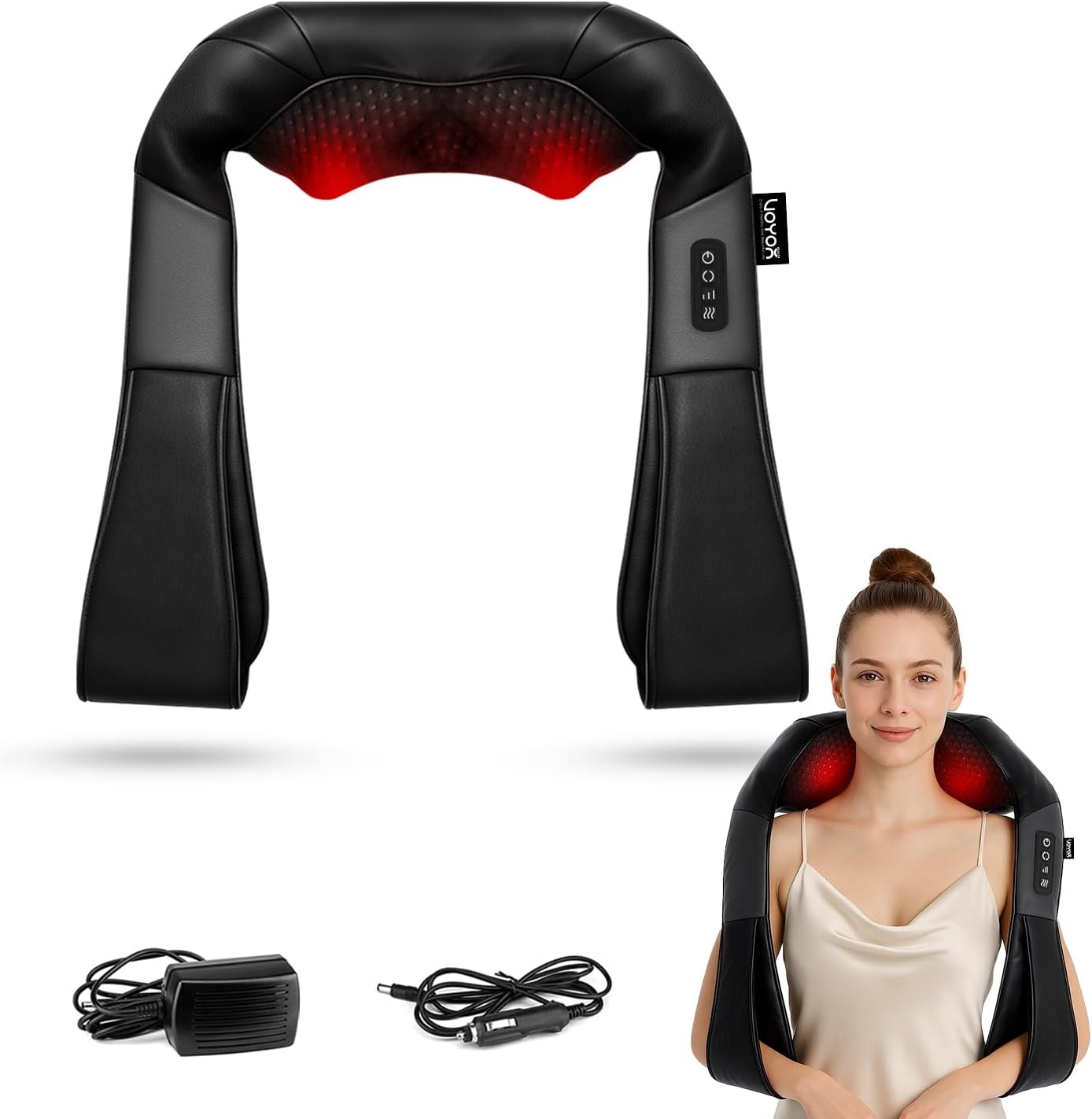Nek- en Schoudermassageapparaat Shiatsu met warmte, 4D Deep Tissue Kneedmassage, 3 snelheden, bi-directionele rotatie, voor thuis, auto & kantoor