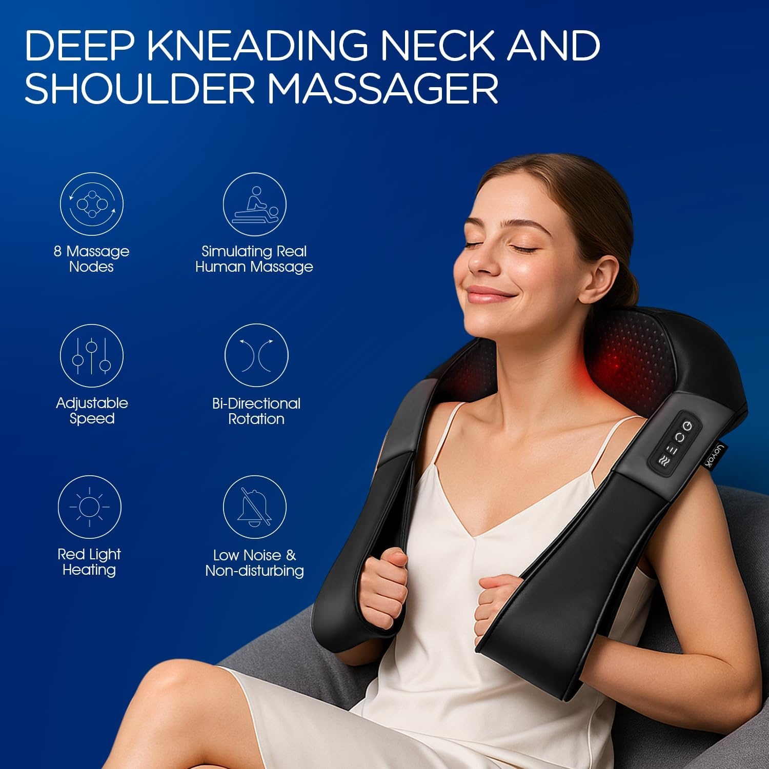 Nek- en Schoudermassageapparaat Shiatsu met warmte, 4D Deep Tissue Kneedmassage, 3 snelheden, bi-directionele rotatie, voor thuis, auto & kantoor
