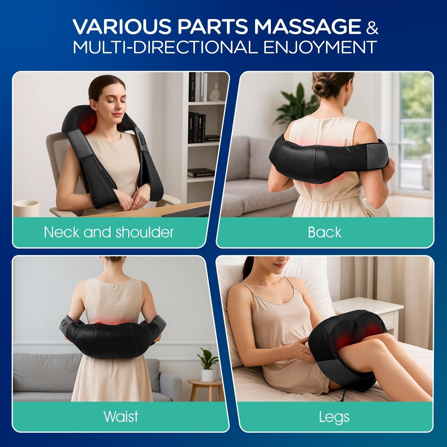 Nek- en Schoudermassageapparaat Shiatsu met warmte, 4D Deep Tissue Kneedmassage, 3 snelheden, bi-directionele rotatie, voor thuis, auto & kantoor
