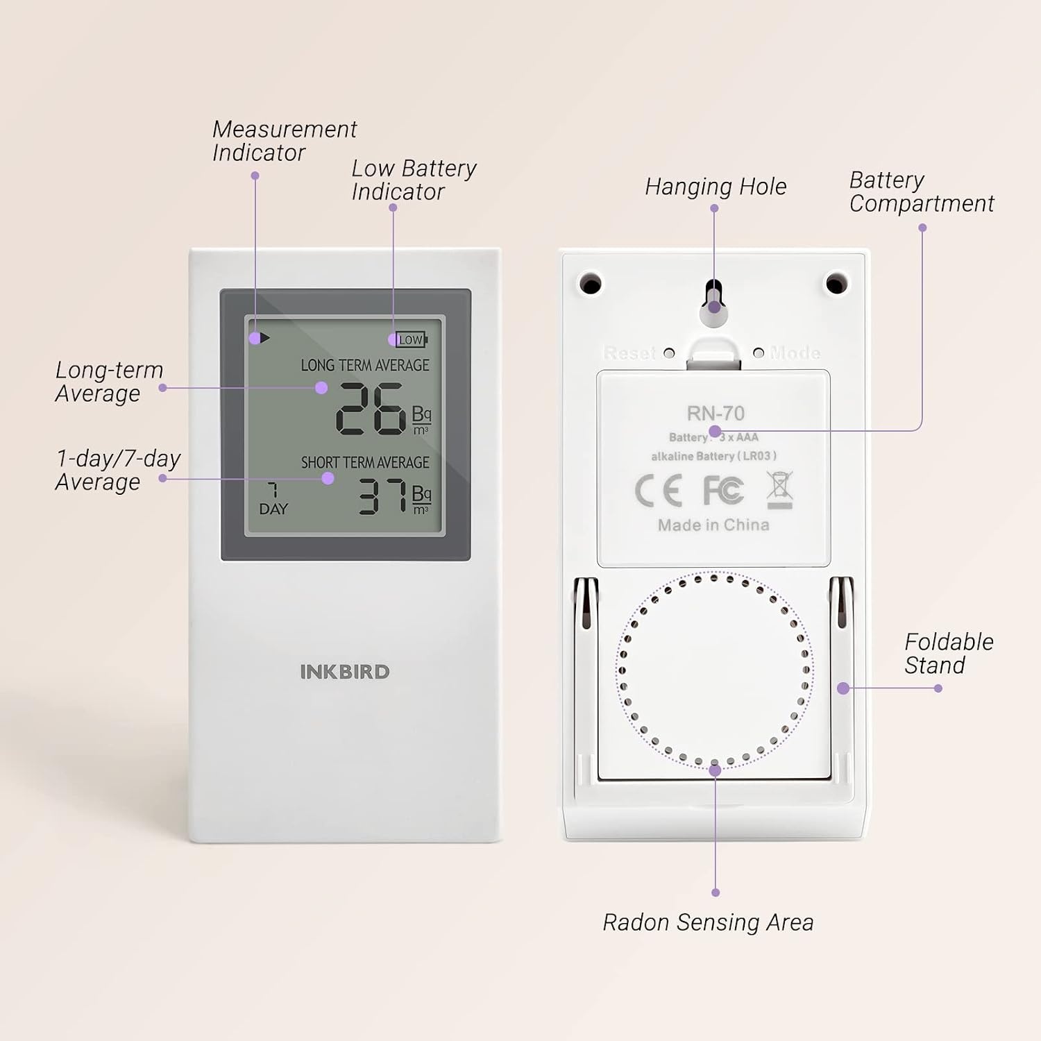 INKBIRD Ink-RD1 Draagbare Radondetector (versie EU-Bq/m³, wit) | Radonmeter korte en lange termijn, radonmeetapparaat voor thuis, kantoor, garage