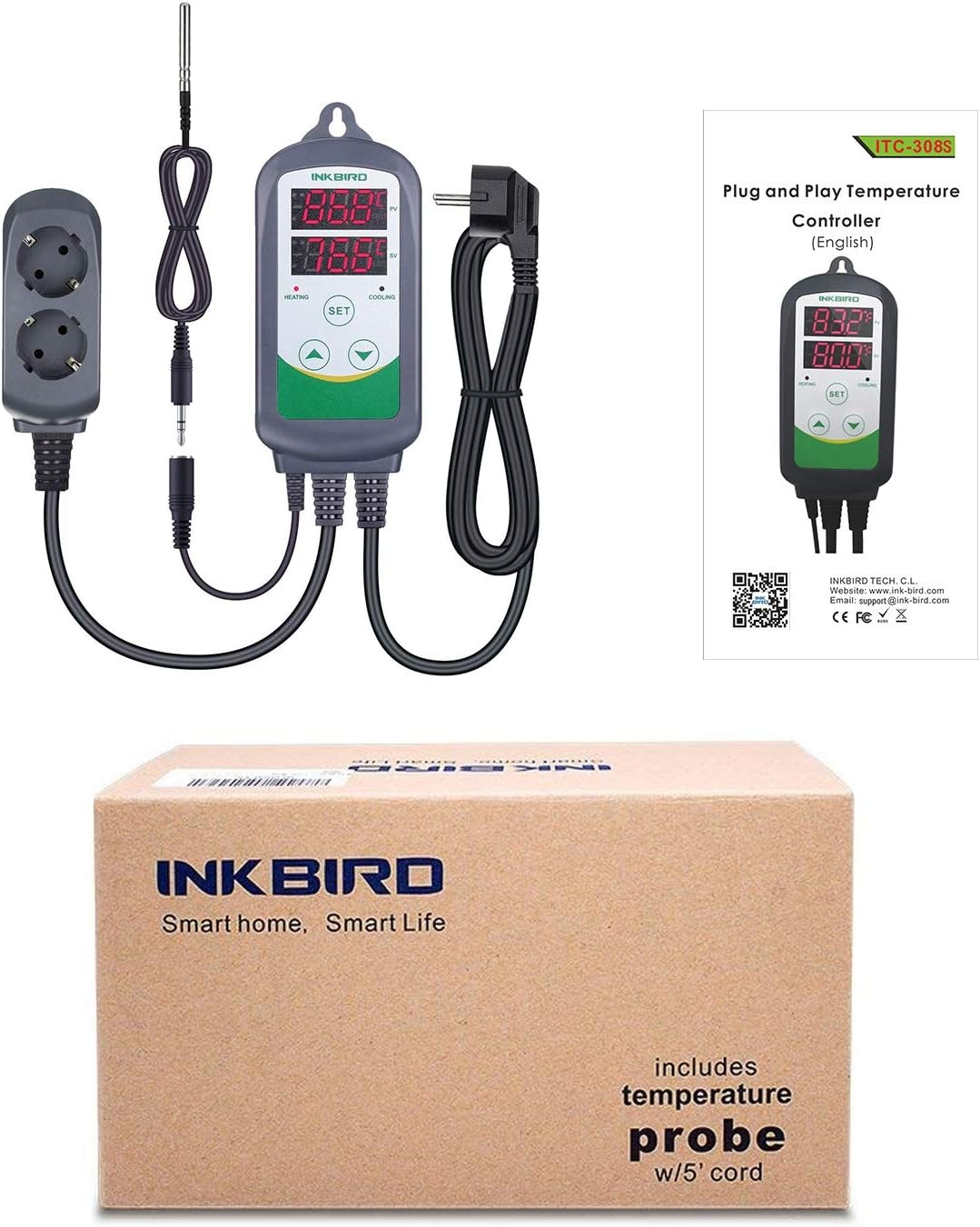 Inkbird ITC-308S Thermostaat met 1,97 Inch Vervangende NTC Sonde | Digitale Temperatuurregelaar voor Verwarming en Koeling - Maat ITC-308S mit 1.97" Temperatursonde