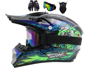 Jeugd Motorcrosshelm, Kinder Motorhelm MX Quad ATV Sport Enduro Crash Crossmotorhelm, Volwassen Full-face Off-road Motorhelm, Met Bril Masker Handschoenen - Maat S(52-53CM)