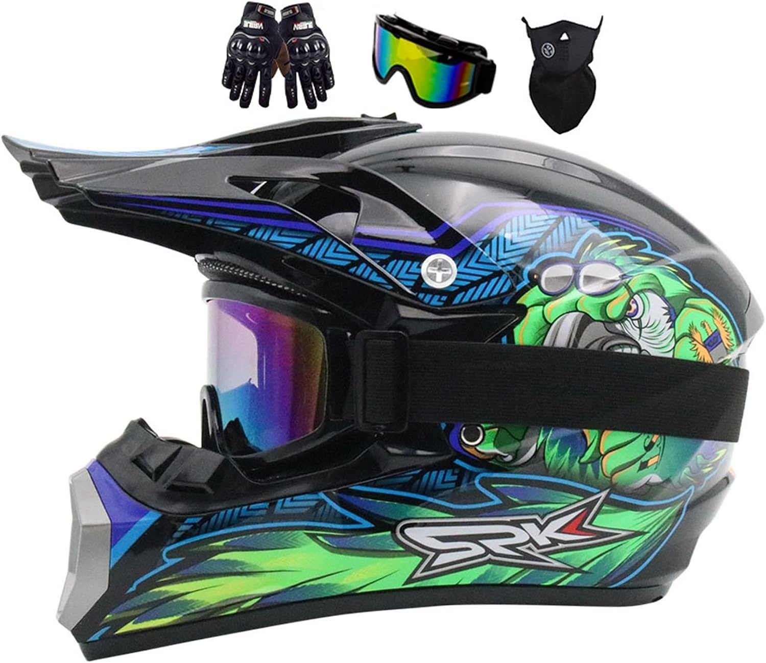 Jeugd Motorcrosshelm, Kinder Motorhelm MX Quad ATV Sport Enduro Crash Crossmotorhelm, Volwassen Full-face Off-road Motorhelm, Met Bril Masker Handschoenen - Maat S(52-53CM)