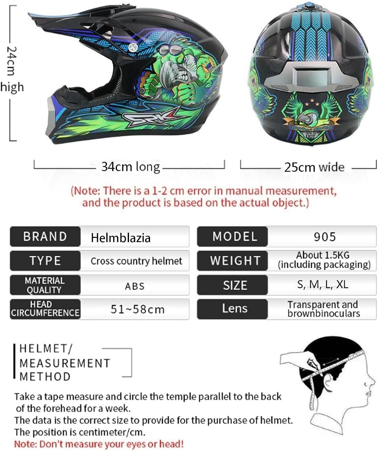 Jeugd Motorcrosshelm, Kinder Motorhelm MX Quad ATV Sport Enduro Crash Crossmotorhelm, Volwassen Full-face Off-road Motorhelm, Met Bril Masker Handschoenen - Maat S(52-53CM)