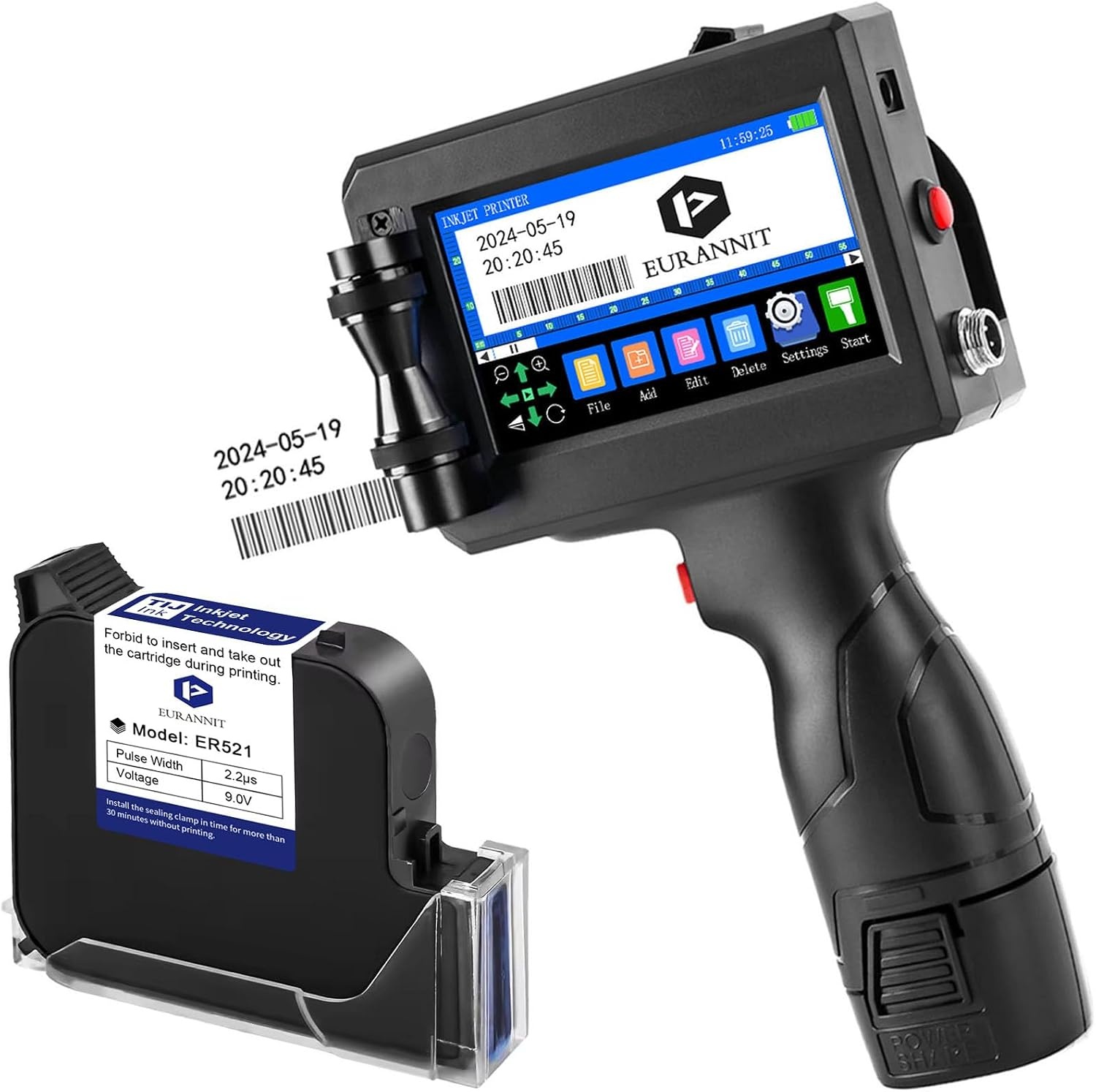 Handheld Inkjet Printer 25.4mm, E15-1 Draagbare Handheld Inkjet Printer Gun met ER521 Zwarte Inktcartridge, voor Tekst QR Barcode Batch Nummer Logo Datum Label