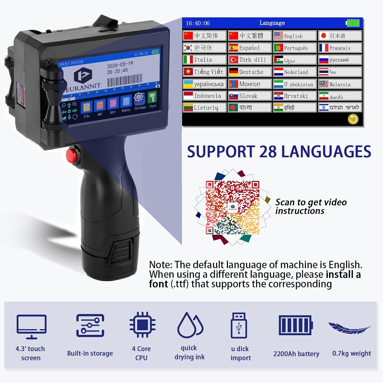 Handheld Inkjet Printer 25.4mm, E15-1 Draagbare Handheld Inkjet Printer Gun met ER521 Zwarte Inktcartridge, voor Tekst QR Barcode Batch Nummer Logo Datum Label