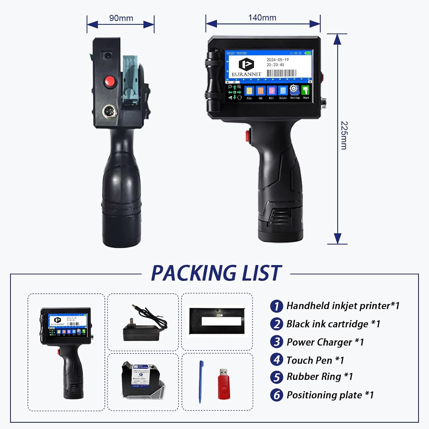 Handheld Inkjet Printer 25.4mm, E15-1 Draagbare Handheld Inkjet Printer Gun met ER521 Zwarte Inktcartridge, voor Tekst QR Barcode Batch Nummer Logo Datum Label