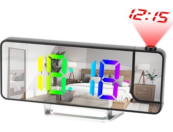 Wekker met projectie, temperatuurweergave, projectiewekker, met 180° roterende projector, helderheid instelbaar, radiowekker met projectie, woonkamer, slaapkamer, nachtwekker