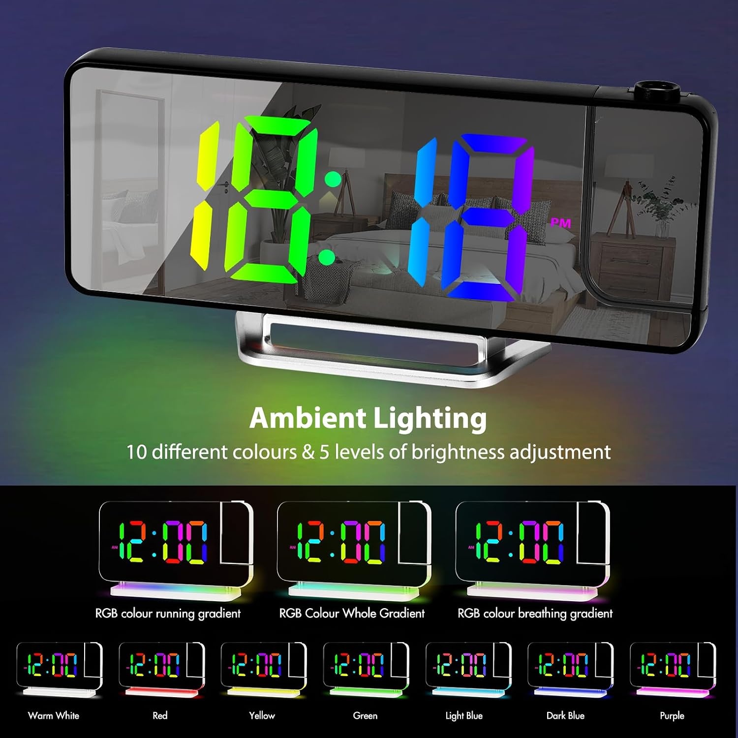 Wekker met projectie, temperatuurweergave, projectiewekker, met 180° roterende projector, helderheid instelbaar, radiowekker met projectie, woonkamer, slaapkamer, nachtwekker