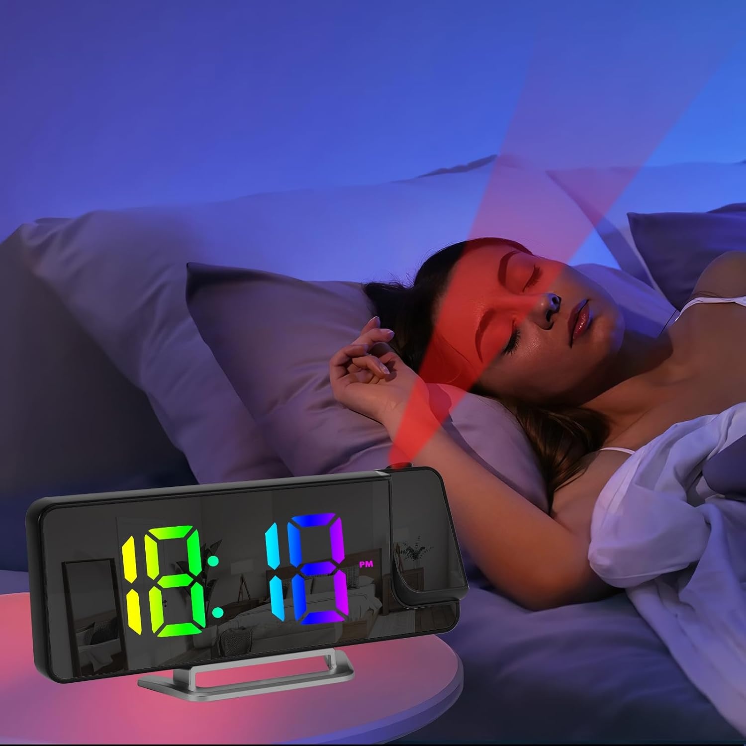 Wekker met projectie, temperatuurweergave, projectiewekker, met 180° roterende projector, helderheid instelbaar, radiowekker met projectie, woonkamer, slaapkamer, nachtwekker