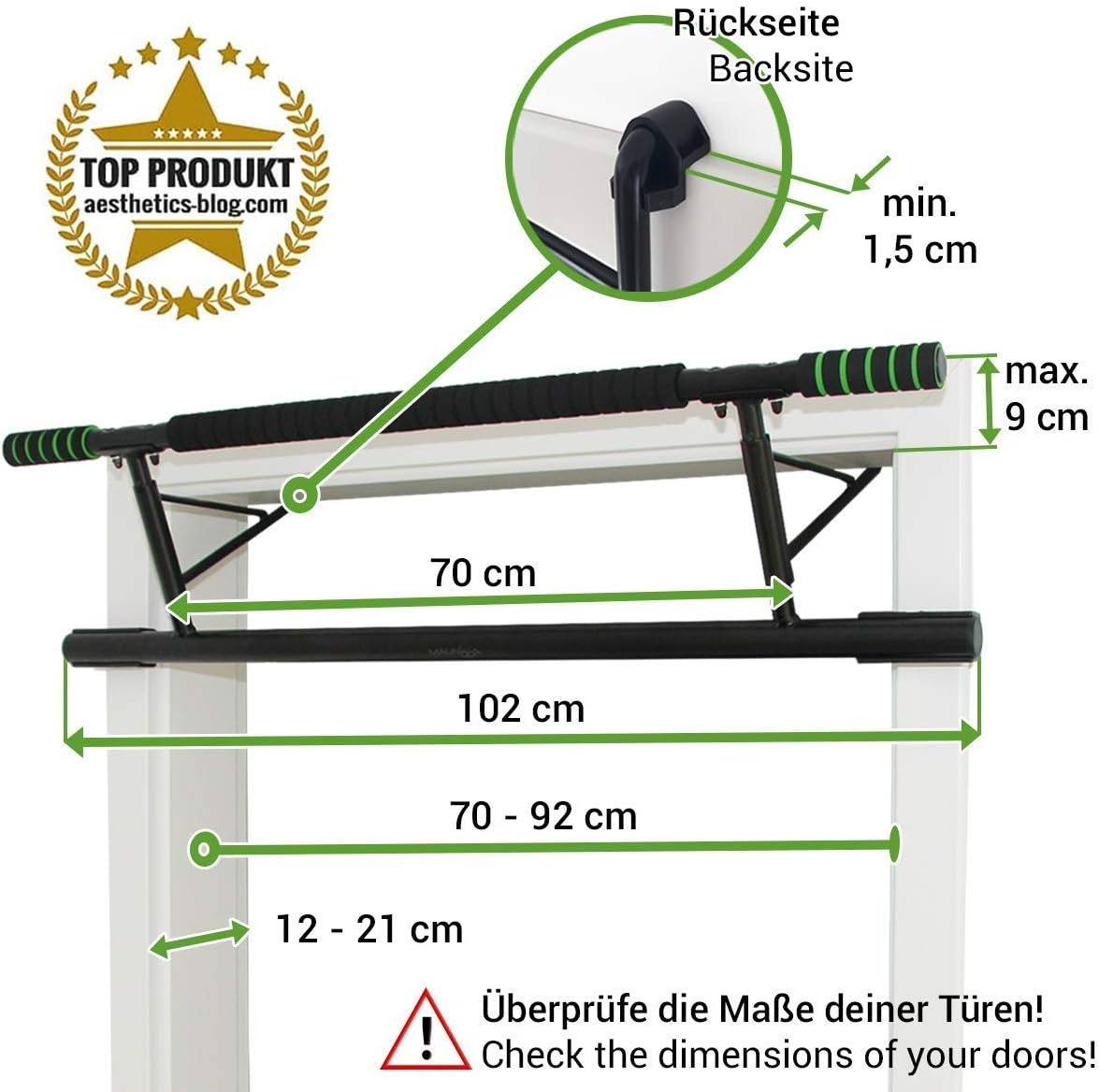 Matador optrekstang – premium strijkstang zonder schroeven en montage – pull-up bar voor meer bewegingsvrijheid – effectieve fitnesstraining thuis