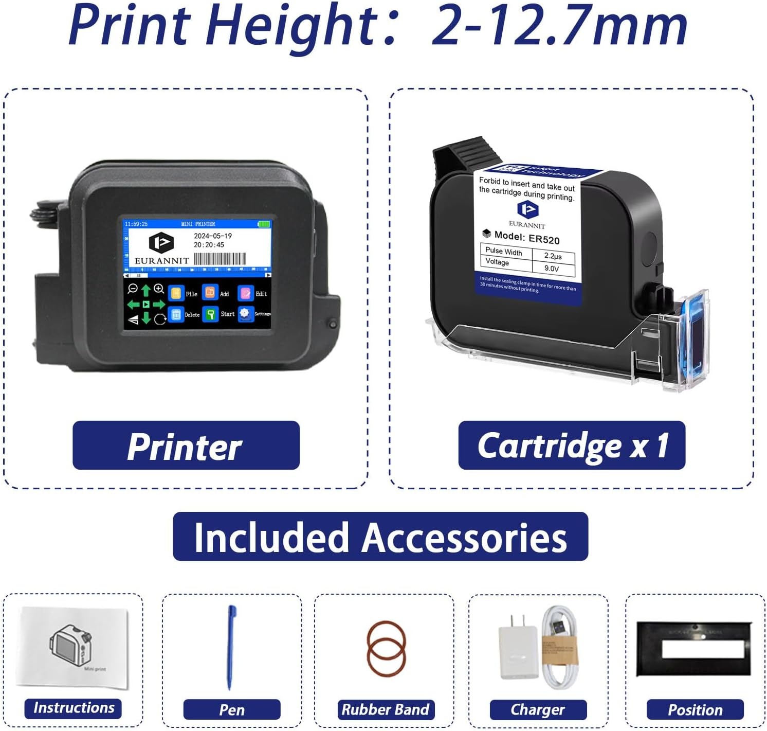 XMINI 12,7 mm draagbare inkjetprinter, draagbare mini-inkjetcoderingsmachine voor tekstcodering, QR-code, batchnummer, logo, datum, sneldrogende inkt, 42 ml, zwart
