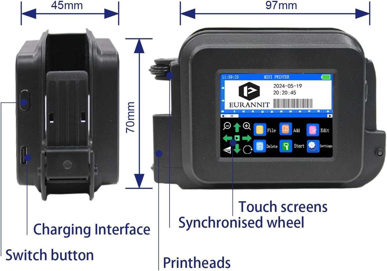 XMINI 12,7 mm draagbare inkjetprinter, draagbare mini-inkjetcoderingsmachine voor tekstcodering, QR-code, batchnummer, logo, datum, sneldrogende inkt, 42 ml, zwart