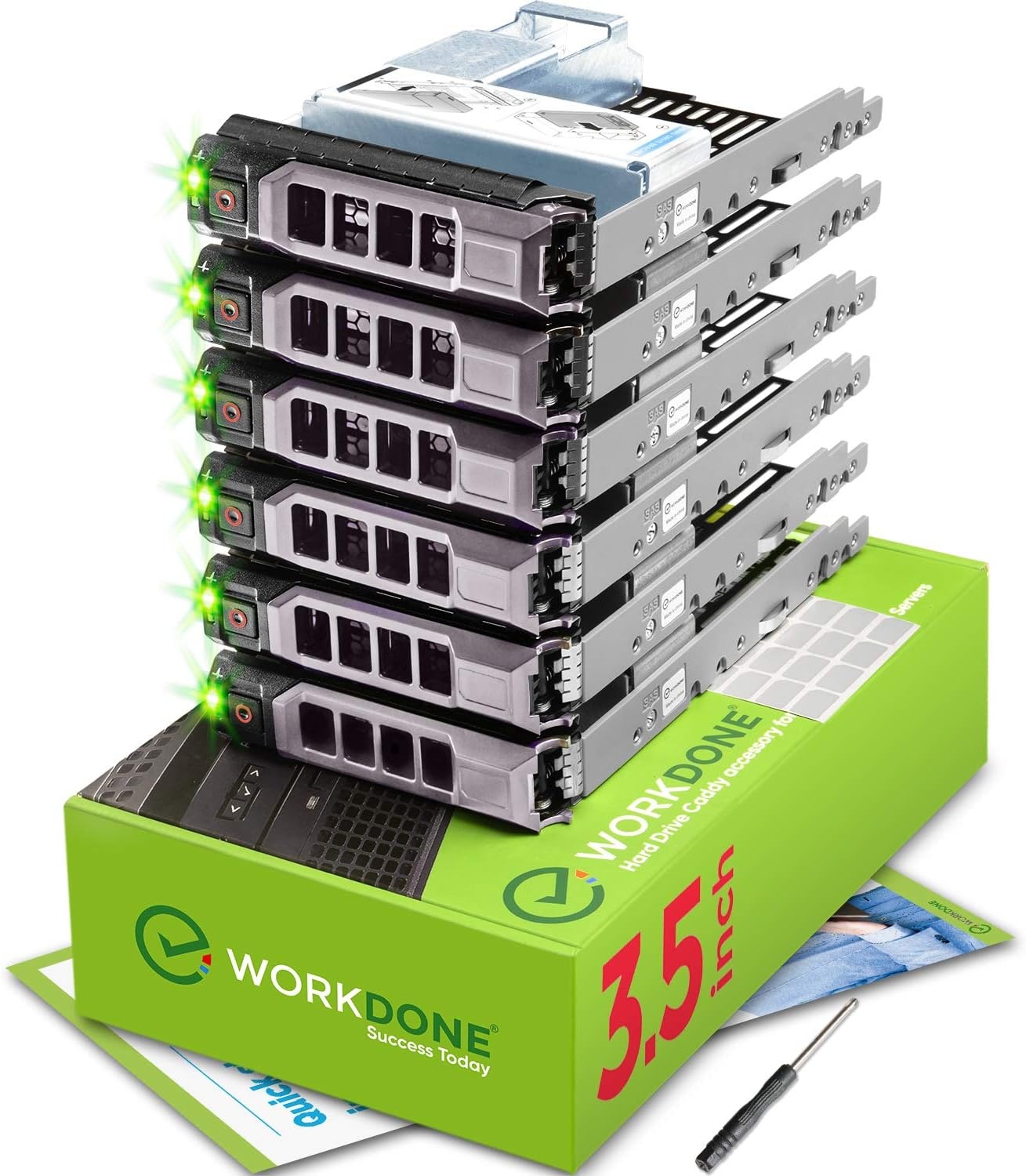 WORKDONE 6-Pack – 3,5" Harde Schijf Caddy met 2,5" HDD-Adapter – Compatibel met de Dell PowerEdge geselecteerde 11e-13e gen. servers - Handleiding – Etiketten - Schroevendraaier – Schroeven