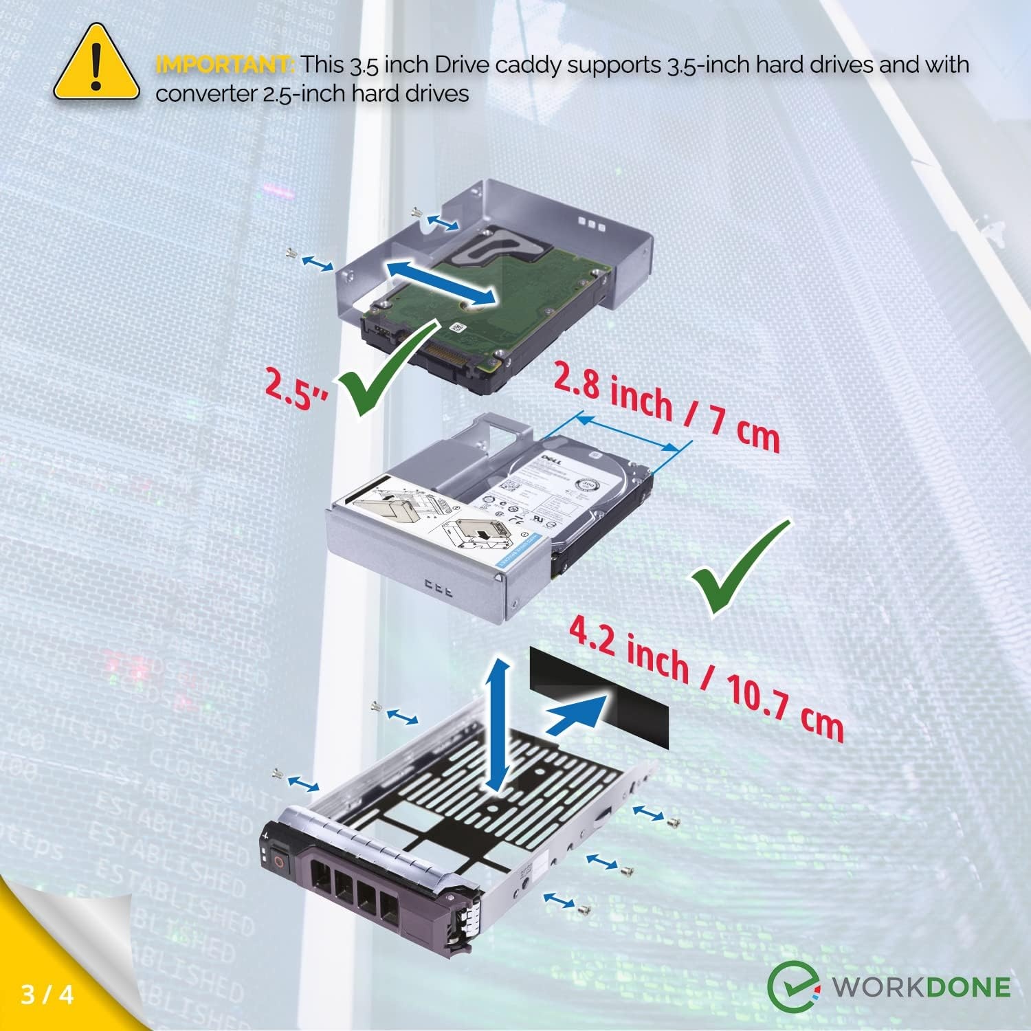 WORKDONE 6-Pack – 3,5" Harde Schijf Caddy met 2,5" HDD-Adapter – Compatibel met de Dell PowerEdge geselecteerde 11e-13e gen. servers - Handleiding – Etiketten - Schroevendraaier – Schroeven