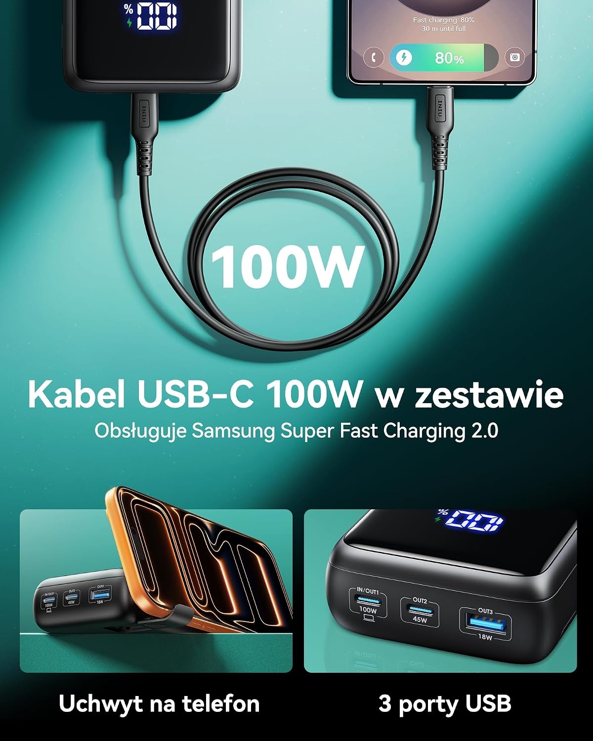 INIU Powerbank 100W 25000mAh - Snel laden voor Laptop, Telefoon & Tablet