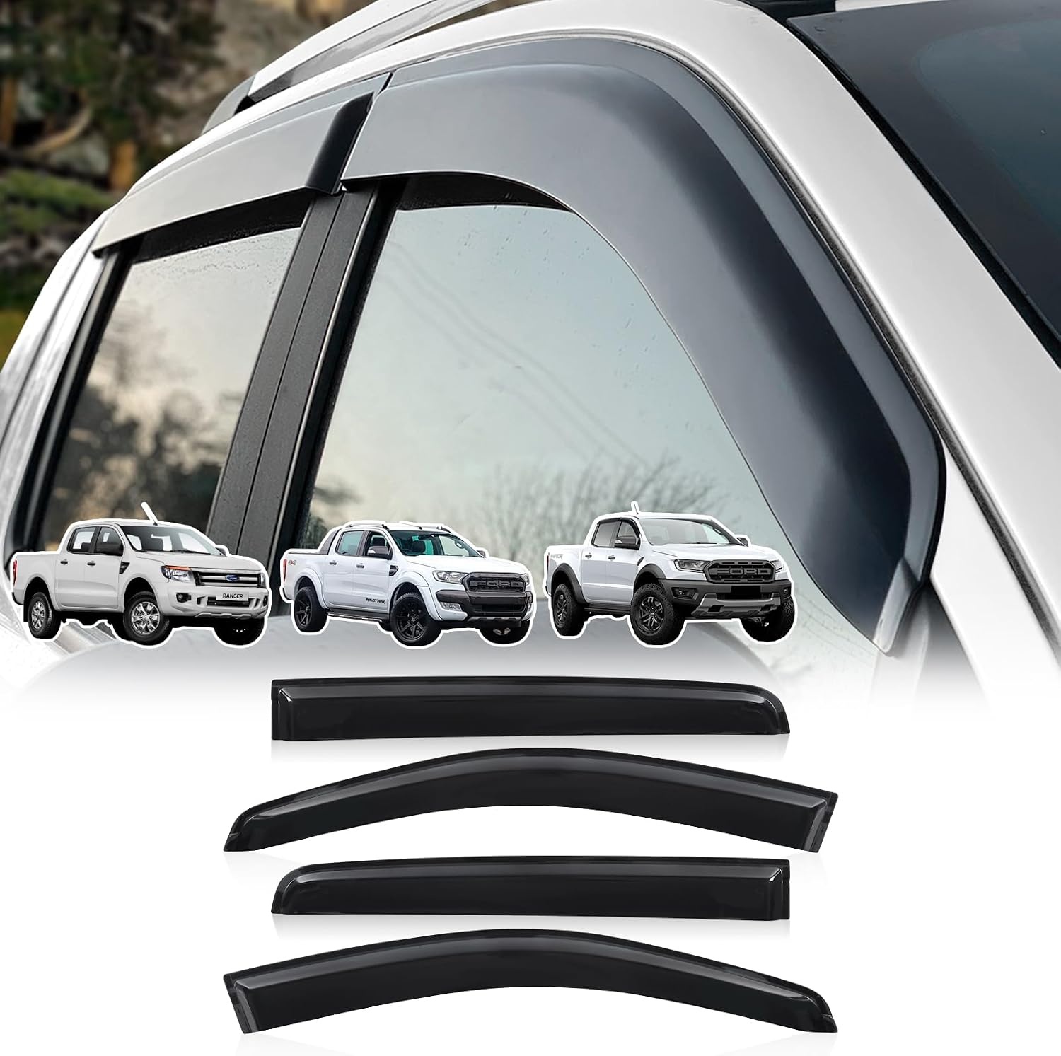 Winddeflector Regendeflector voor Ford Ranger 2012-2022 T6 T7 T8 Dubbele Cabine (o.a. Wildtrak, Raptor) Acryl Getint Zwart 4-delige set