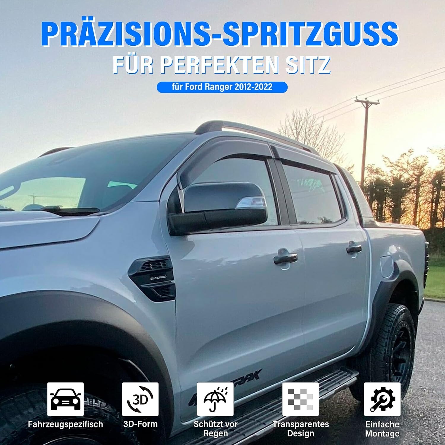 Winddeflector Regendeflector voor Ford Ranger 2012-2022 T6 T7 T8 Dubbele Cabine (o.a. Wildtrak, Raptor) Acryl Getint Zwart 4-delige set