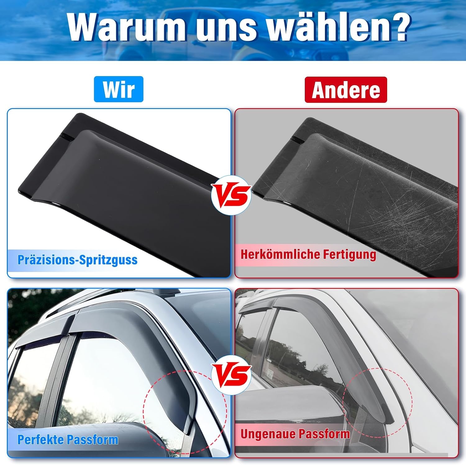 Winddeflector Regendeflector voor Ford Ranger 2012-2022 T6 T7 T8 Dubbele Cabine (o.a. Wildtrak, Raptor) Acryl Getint Zwart 4-delige set