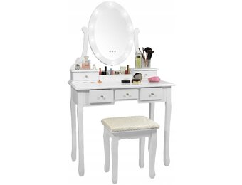 Kaptafel Wit Hout met LED Spiegel & Kruk | 35% Korting
