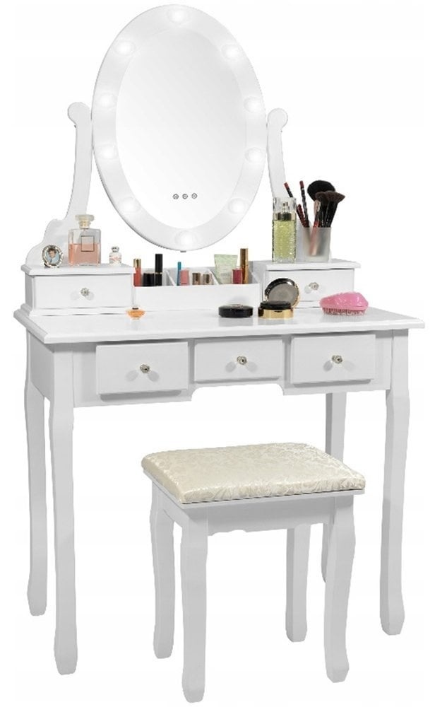 Kaptafel Wit Hout met LED Spiegel & Kruk | 35% Korting