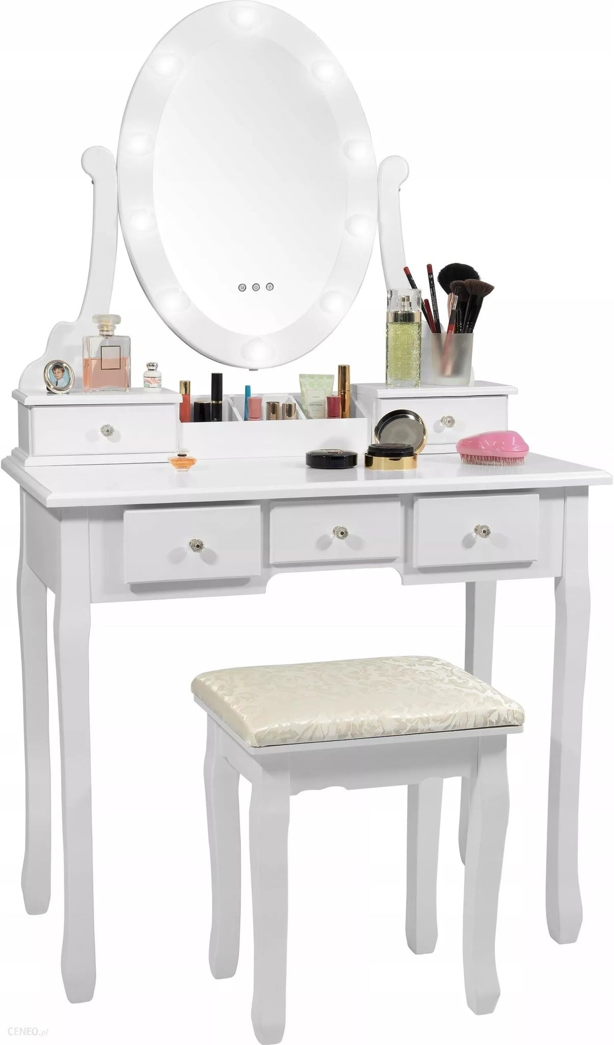 Kaptafel Wit Hout met LED Spiegel & Kruk | 35% Korting