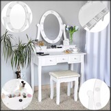Kaptafel Wit Hout met LED Spiegel & Kruk | 35% Korting