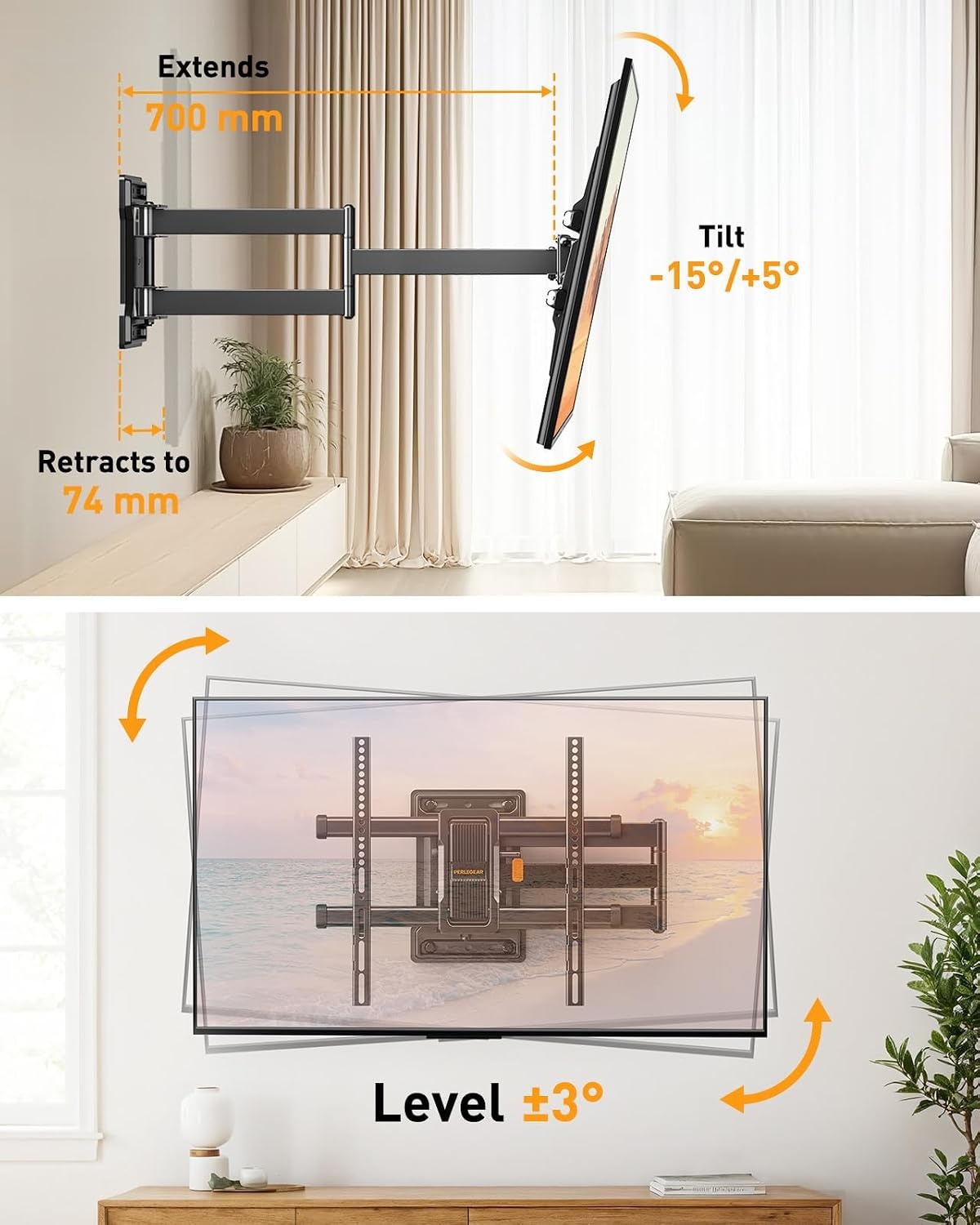 TV Wandbeugel Perlegear 32-65" - Volledige Beweging & 60kg Draagvermogen