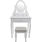 Een cosmetische kaptafel met een spiegel en een krukje