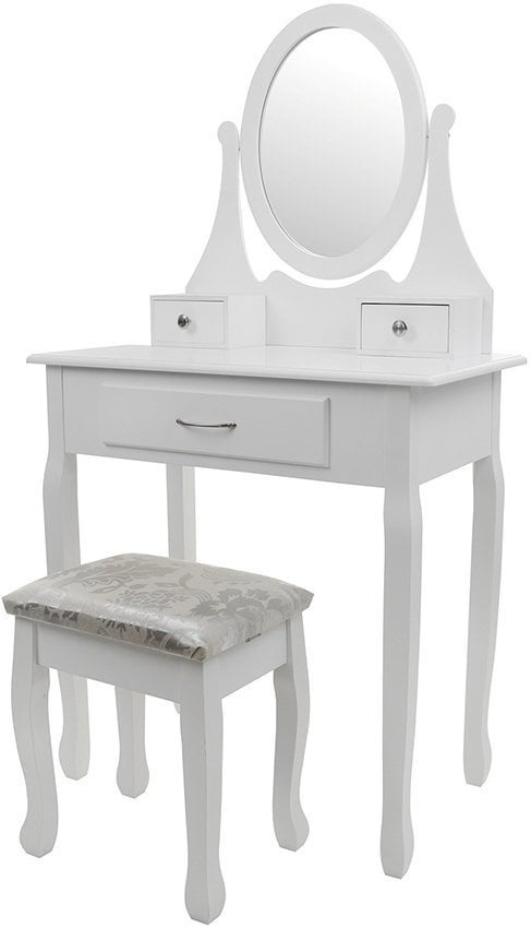 Een cosmetische kaptafel met een spiegel en een krukje