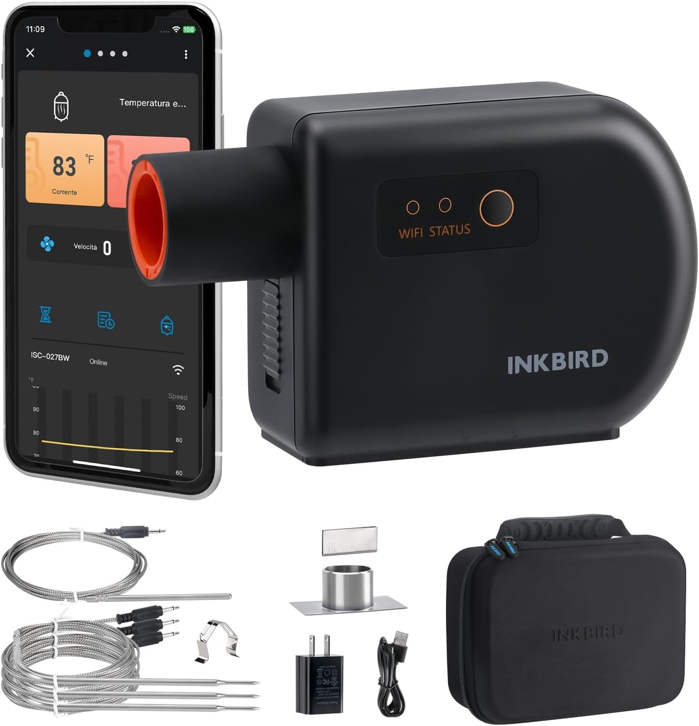 Inkbird Grillgebläse Bluetooth 5.1 Grillventilator, automatischer Smoker | Wi-Fi 2,4 GHz, Grillthermometer Kompatibel mit Big Green Egg, Kamado Joe, Primo, Vision Grill, Akorn Kamado, mit 4 Sonden - Maat ISC-027-BW