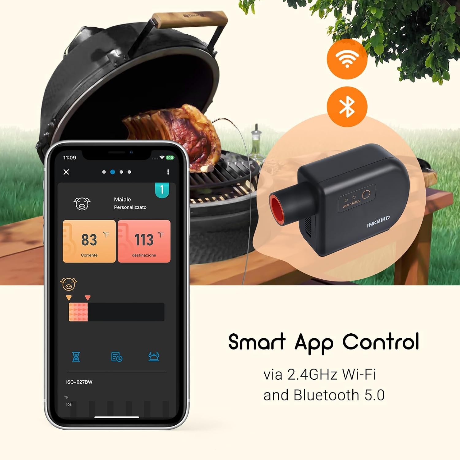 Inkbird Grillgebläse Bluetooth 5.1 Grillventilator, automatischer Smoker | Wi-Fi 2,4 GHz, Grillthermometer Kompatibel mit Big Green Egg, Kamado Joe, Primo, Vision Grill, Akorn Kamado, mit 4 Sonden - Maat ISC-027-BW
